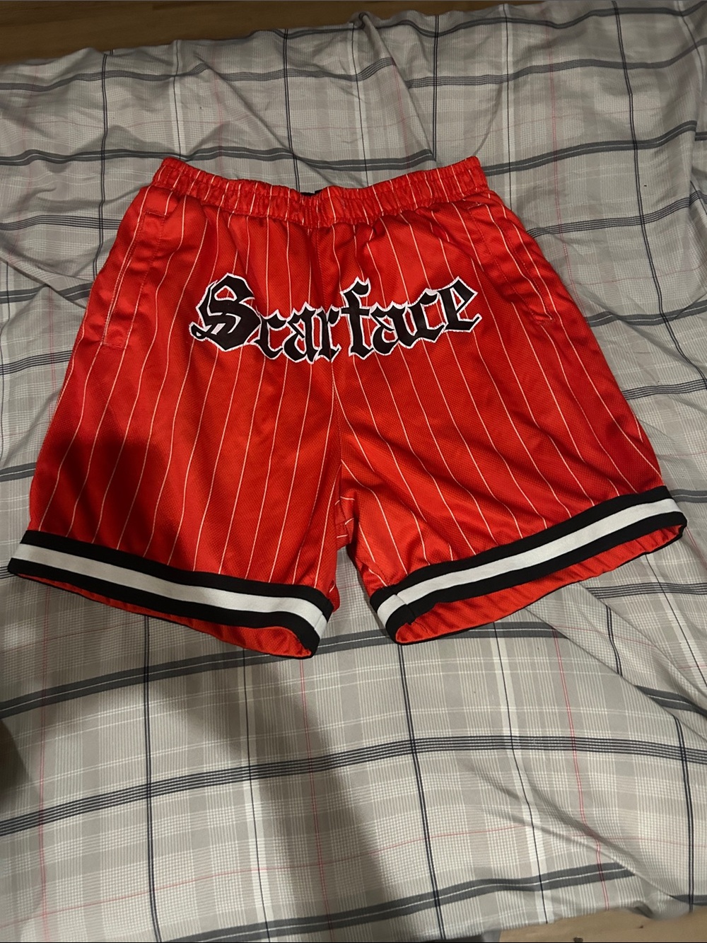 Salvage Red Pinstripe "Scarface" Athletic Shorts with Black-White Trim